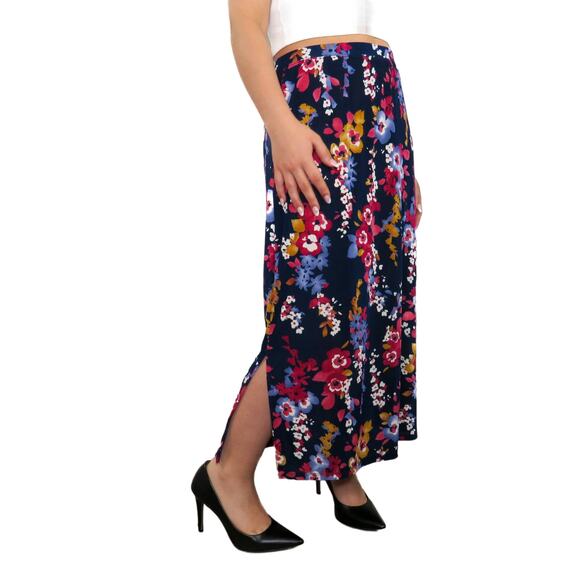 90s Vintage Jaclyn Smith Blue Floral High Rise A-Line Side Slit Maxi Skirt Small - Picture 2 of 7